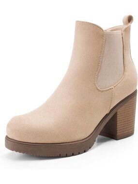 Women's Nude Suede Chunky Block Heel Round Toe Casual Chelsea Ankle Boots